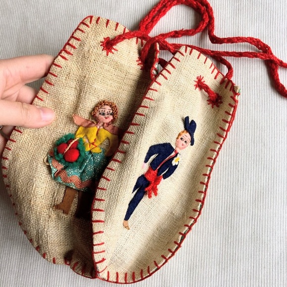 Vintage Handbags - Vintage Handmade Portuguese Folk Art Four Dancers Embroidery Cloth Bag Purse